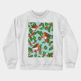 Three little paper cut robins on a holly bush Crewneck Sweatshirt